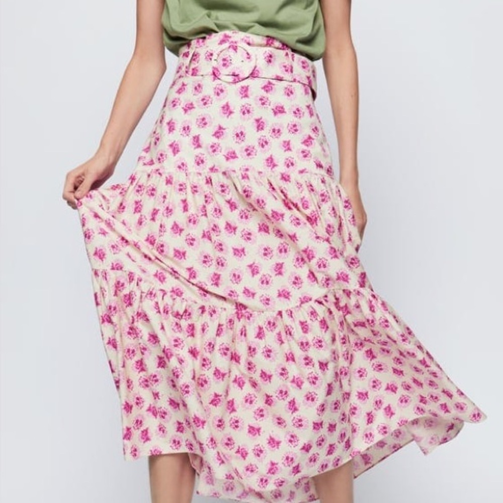 Zara Floral Belted Midi Skirt